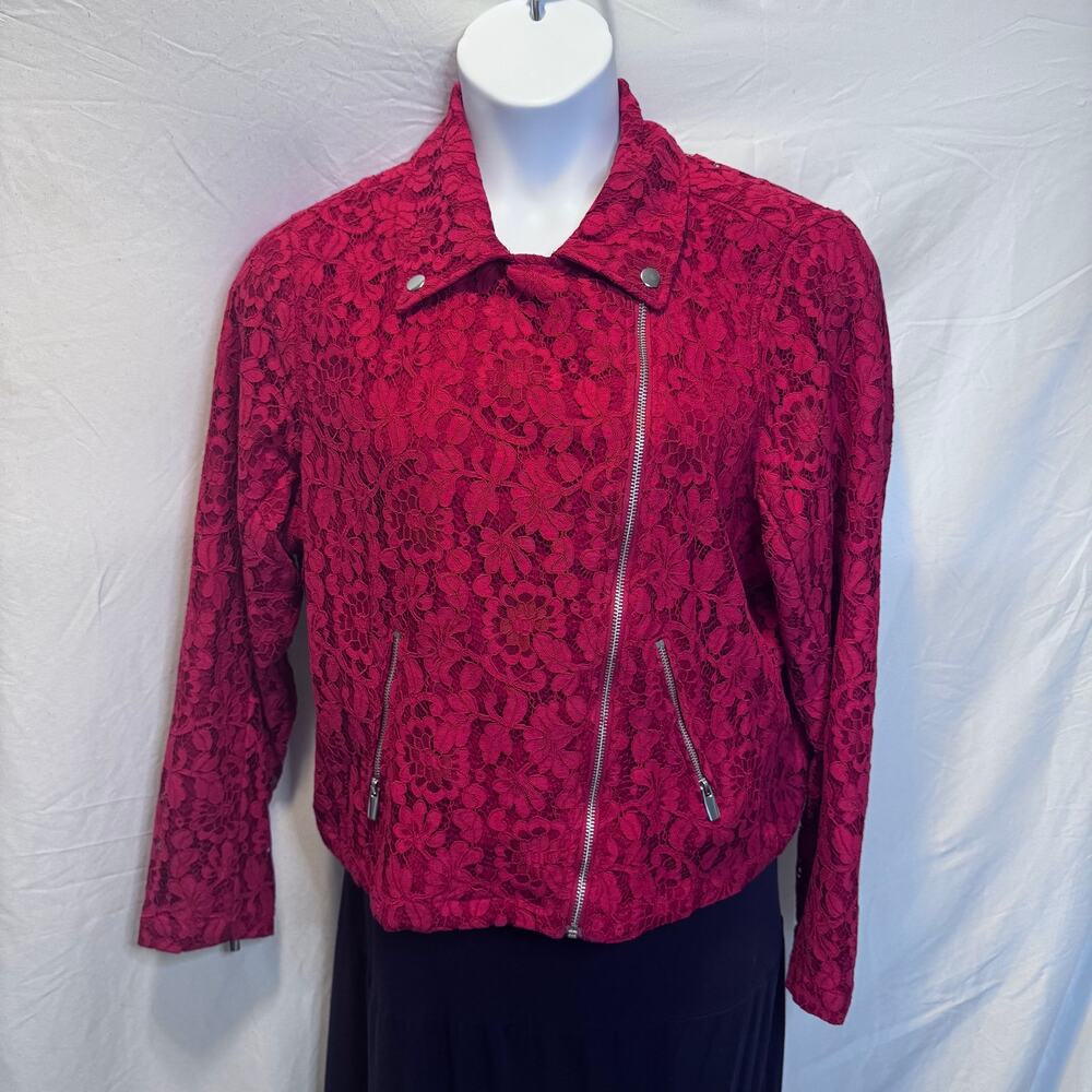 Torrid Red Crochet Lace Moto Jacket Plus Size 2 2X Jester Red Boho Edgy Biker